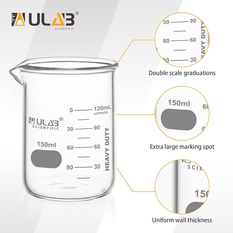 ULAB Heavy Duty Glass Beakers, 12pcs of Vol.150ml(5.07oz), Borosilicate 3.3 Glass, Thick Wall Beakers, with Double Scale, Superior Durability & Chemical Resistance, UBG1054 - Image 3